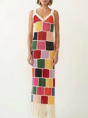 Carolina K Vera Crochet Dress Multicolor Crochet Maxi Dress with Fringe Trim